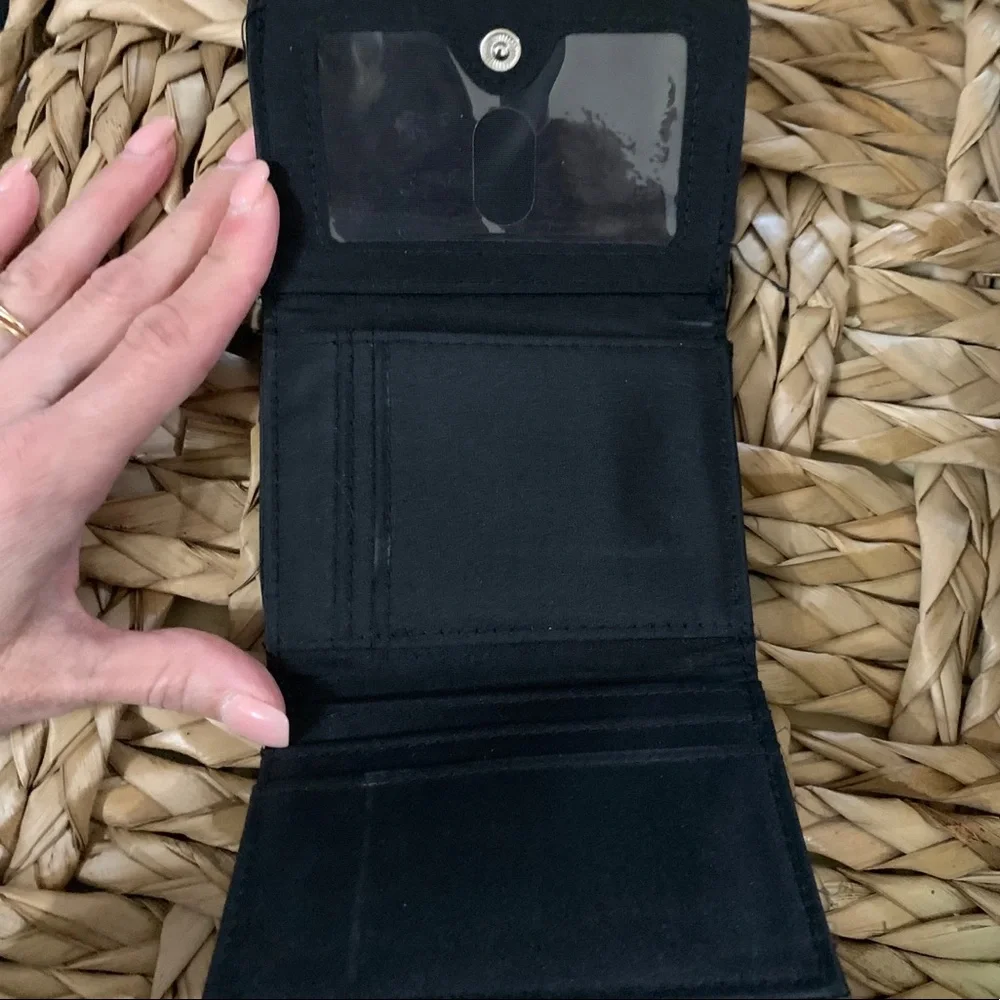 Black faux leather wallet w/fabric on front